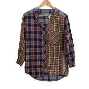 VTG Backroad Blues Plaid Patchwork V Neck Long Sleeve Button Up Shirt 90s Grunge